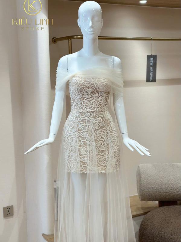 [Kiều Linh]-Váy Maxi Dự Tiệc Thiết Kế Trễ Vai KL567 chất liệu Ren Hoa Thêu phố chân váy Lưới, 2 Lớp Lót. Giấu Đường May