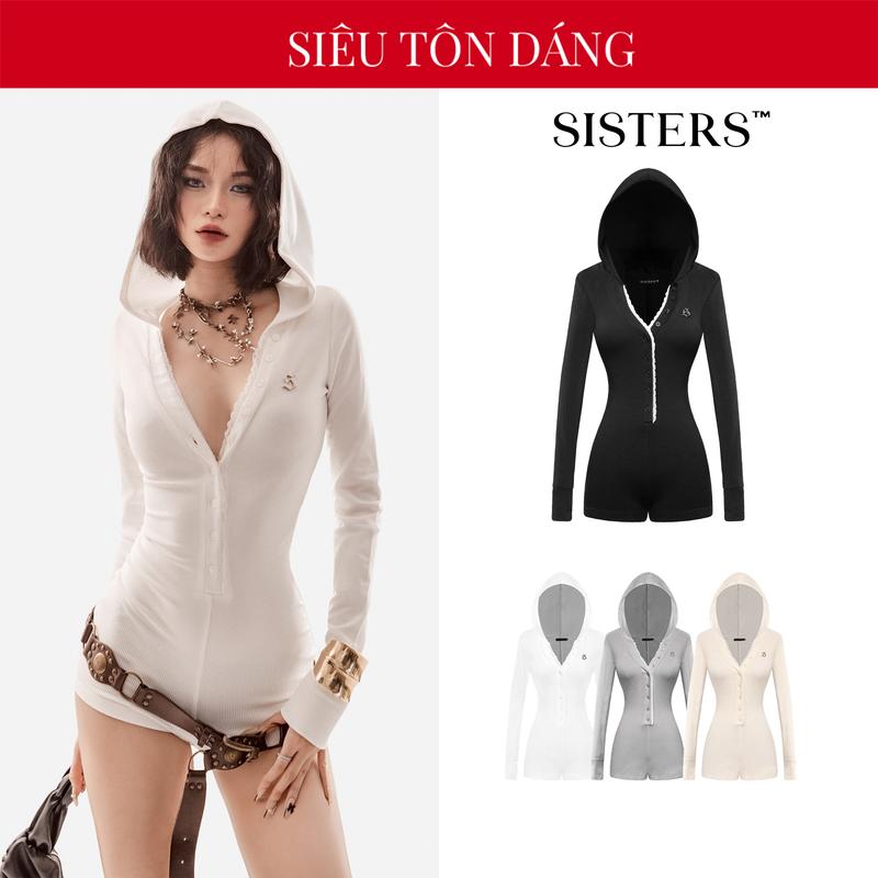 Jumpsuit nữ tay dài có nón đội SISTERS màu đen, trắng, kem, xám thiết kế nút cài phối ren quyến rũ Luna SIS-CLUB | SS24-J15