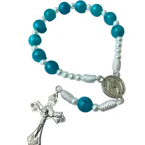 Kalung Rosario versi Mini Bahan Akrilik Marmer Tali Tidak Elastis - Warna Biru Tosca - Gelang, Bracelets bracelets