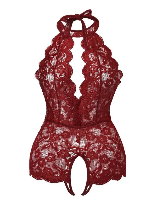 Plus Size Plain Floral Lace Scallop Trim Halter Neck Backless Sheer Sexy Lingerie Bodysuit, Elegant Sexy Tie Back Bodysuit for All Seasons, Women's Plus Size Sexy Underwear 7