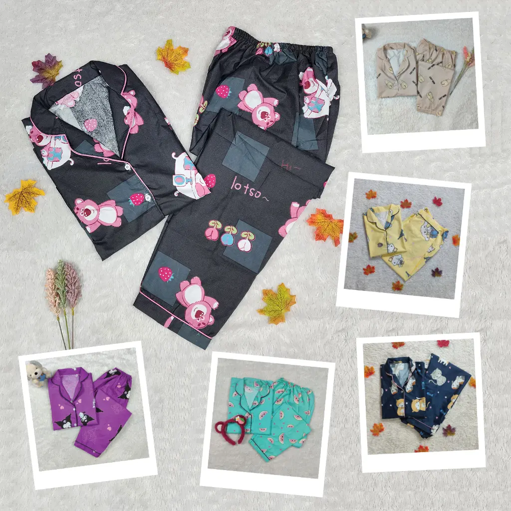 BAJU TIDUR / PIYAMA WANITA DEWASA (LENGAN PENDEK & CELANA PANJANG  LD 104 CM)  MOTIF KARAKTER  BUNGA & ABSTRAK
