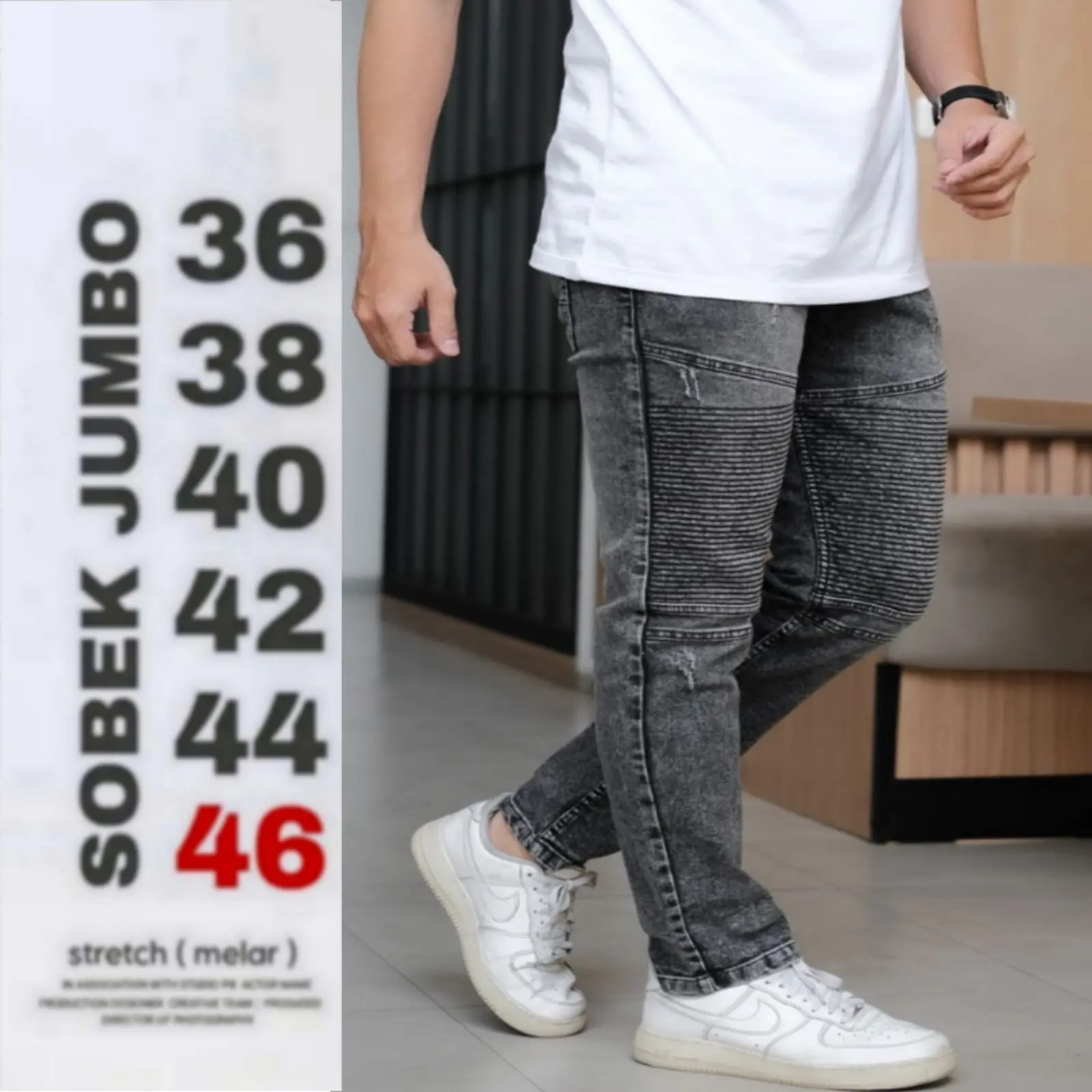 BIGSIZE - Celana Bikers Ripped Jeans Big Size Original Pria 27-44 Stretch Melar Snow Black Ripped - Panjang, Skinny Denim High quality
