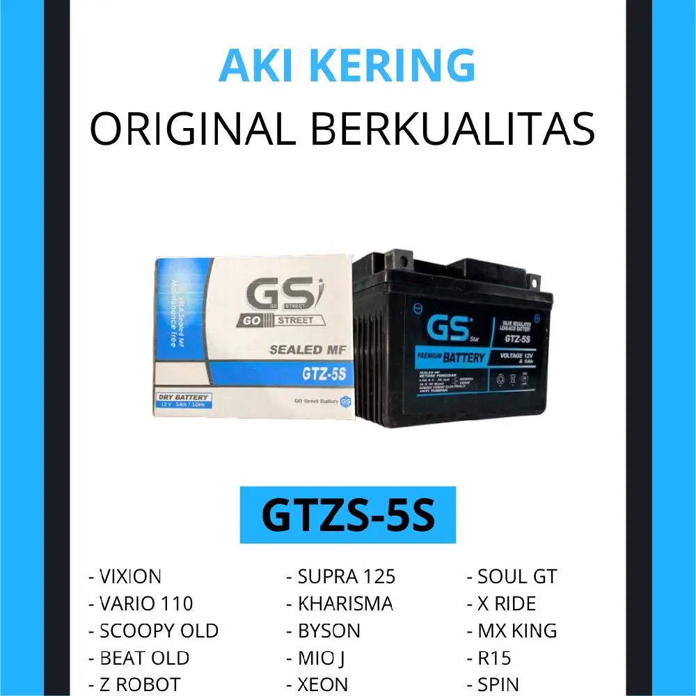 Aki Kering GTZS-5S Berkualitas untuk Mio Soul, Mio J, Mio GT, Mio M3, Vixion, Byson, R15, Xeon, Fino, X-Ride, Jupiter Z1.