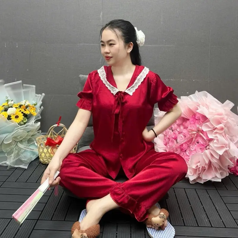 Đồ Ngủ Tay Ngắn Cổ Ren Cột Nơ Tay Bo Chun Vải Lụa Latin m23