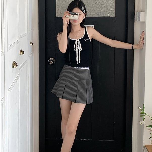 Rok lipit retro Amerika Rok garis-garis wanita ala Korea Pendek Casual Shakila Baju Dewasa Panjang Hitam Katun 8