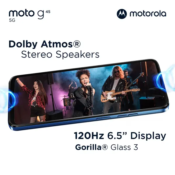 Motorola G45 5G 8+8/256GB - Up to 16GB Extended RAM - Snapdragon 6s Gen 3 - 6.5 inch Screen Size - Gorilla Glass 3 - 120Hz - 50MP Main Camera - 5000mAh - NFC - Dolby Atmos Stereo Speaker 4