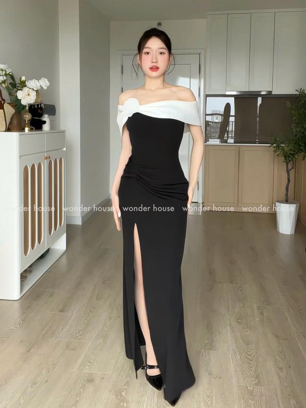 Lila Dress Wonderhouse Đầm thiết kế trễ vai dáng dài xẻ tà chất vải dày vừa phải dự tiệc sang trọng