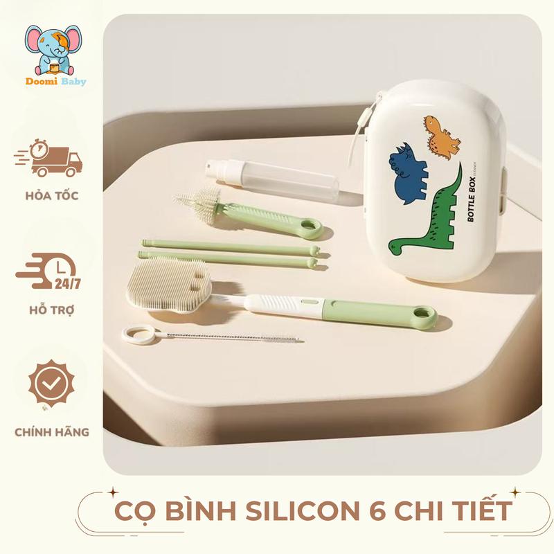  Bộ Cọ Rửa Bình Sữa Di Động Silicon 6 Chi Tiết Xoay 360 Độ Có Đế Phơi Hình Khủng Long Tiện Lợi Đa Năng Doomi Baby - HT716 