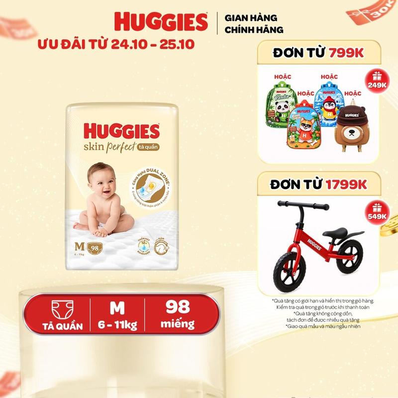 Tã quần Huggies Skin Perfect Mega Jumbo với 2 vùng thấm giảm kích ứng da Size M 98/L 88/XL 72+4/XXL 64+4