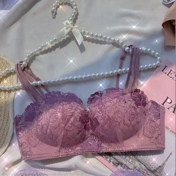 Sexy Lace Purple Embroidery Women's Bra Set No Steel Ring Palm Cup Gathering Girls' Underwear Cotton Plain Floral Striped Seamless Strapless Wireless 3/4 Coverage Full Coverage