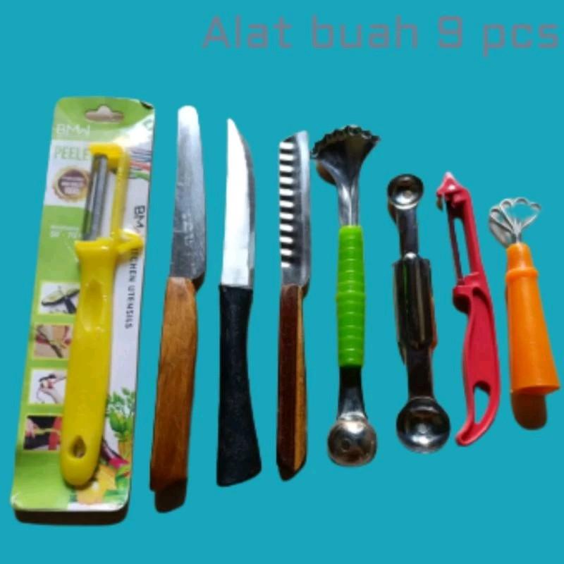 pisau kecil dan alat sendok keruk buat set lengkap 9pcs - pisau kecil kupas buah dan sayuran Kitchenware stainless steel anti-hancur set blok pisau 2