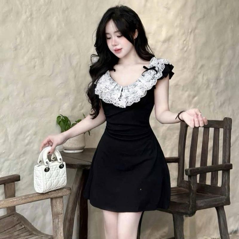 Váy thun body zip cổ thuyền phối bèo, 2 độ dài mini & midi, váy điệu đà tiểu thư, hàng quảng châu đẹp 3