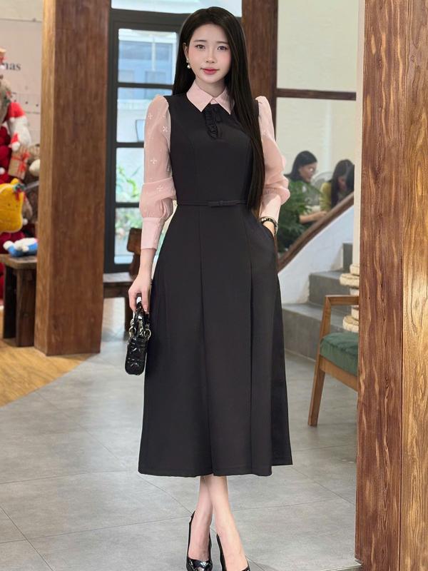  Váy Đầm Thiết Kế Ella Desgin dành cho nữ kiểu dáng midi cổ bẻ  dài tay phối vải thêu hồng phù hợp mặc đi chơi  đi làm  đi dự tiệc  có bigisze B63 