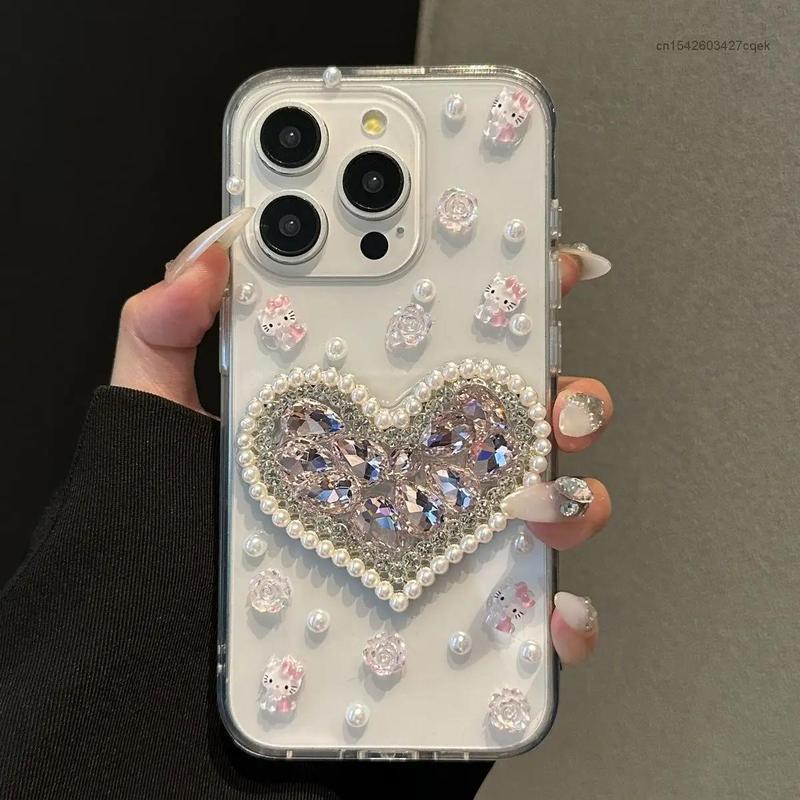 Product Introduction of เคสการ์ตูนคิตตี้ออกแบบ 3 มิติ, สำหรับ iPhone 16, 15, Pro Max, 14, 13 Pro, 12, 11 Pro Max, Xs Max, XR, 8, 7 Plus, SE, วัสดุ TPU ใส, Rhinestone, ฝาครอบป้องกัน Hello KT 14