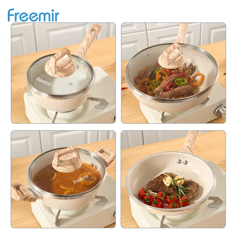 [SPECIAL LIVE]  freemir 4 Pcs Set Wajan Panci Anti Lengket Super Wok Pan Premium Beige Tutup Kaca Original Jumbo Besar Lengkap 1 Set Kitchenware 4