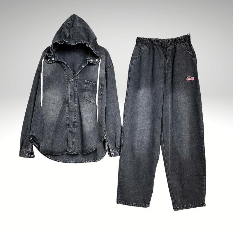 Set Jean B66 Áo Tay Dài Mũ - Quần Baggy Có Thêu Hình Cơ Xinh Phom Thụng- Chất Jean Mềm Thơì Trang Bộ Nữ Với Phong cách Trẻ Năng Động