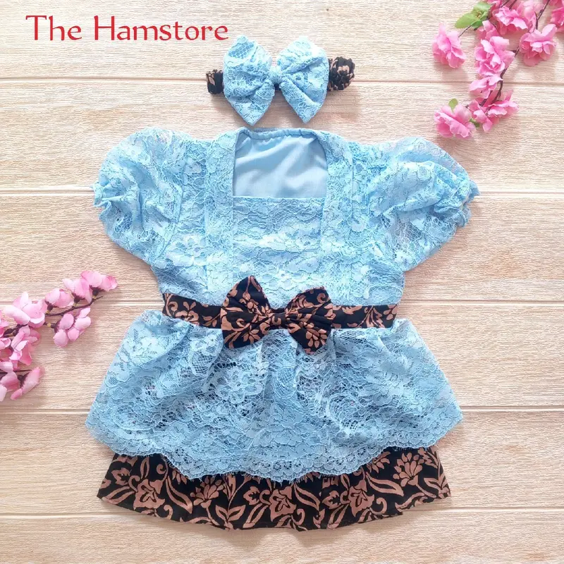 Setelan Baju Fashion Kebaya Anak Perempuan 1 Tahun Baby Blue Biru Langit Motif Rok Katun Coklat Hitam Parsel Bayi Polka 1