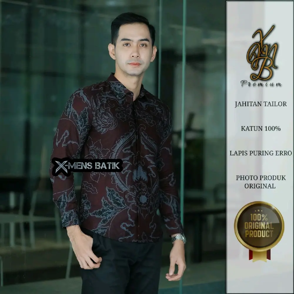 Kemeja Batik Slimfit Pria Premium Lapis Puring Motif Motif MAHKOTA Burgundy Katun 100% - Panjang