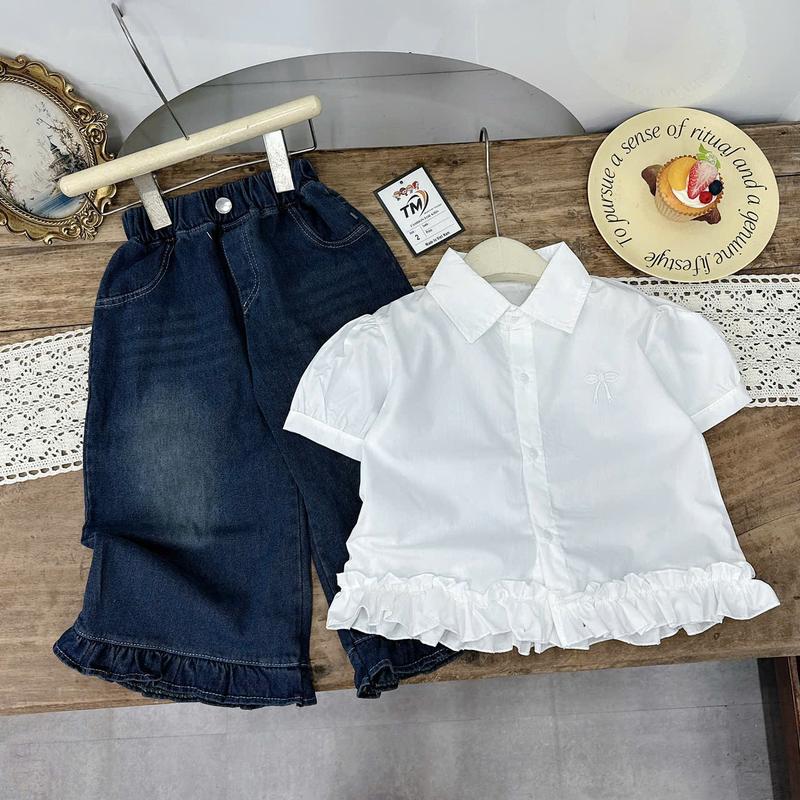 [Nini Kids]-Sét áo thêu nơ đính bèo kèm quần Jean mềm cho bé Gái chất liệu mềm mát đủ size 10-35kg ( H12 Jean- xanh trắng )
