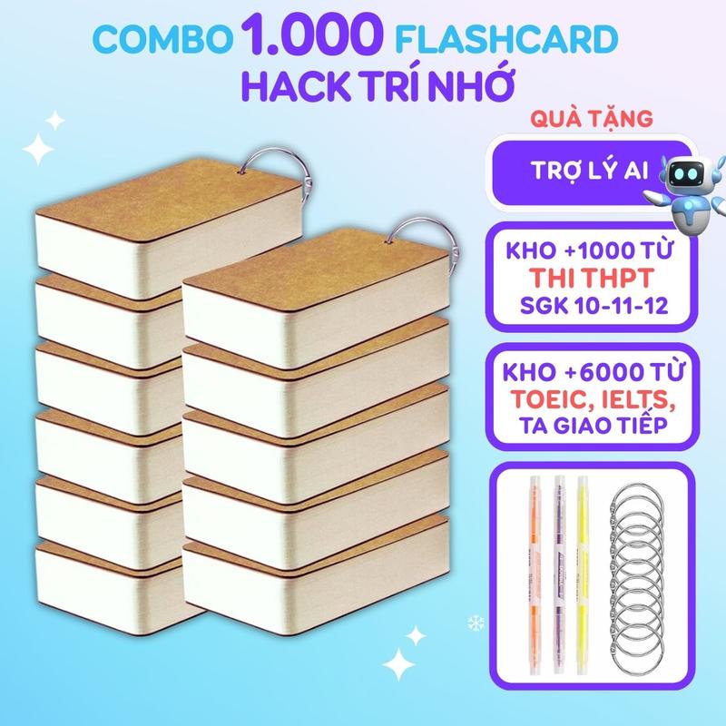 Flashcard Combo 1000 thẻ flashcard hack trí nhớ CÓ QUÀ TẶNG kèm khoen thẻ học từ vựng ghi từ mới hỗ thợ học tiếng Anh Trung Nhật Hàn