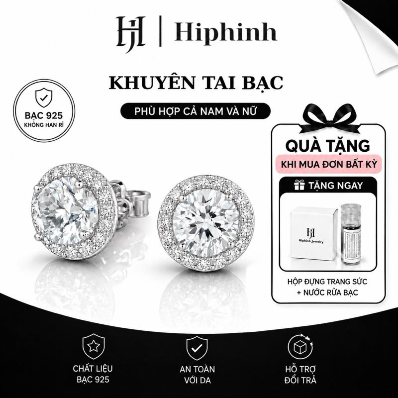 Khuyên tai nụ tròn đính đá chủ nam nữ nhiều size chất liệu bạc 925 Hiphinh jewelry HJ01