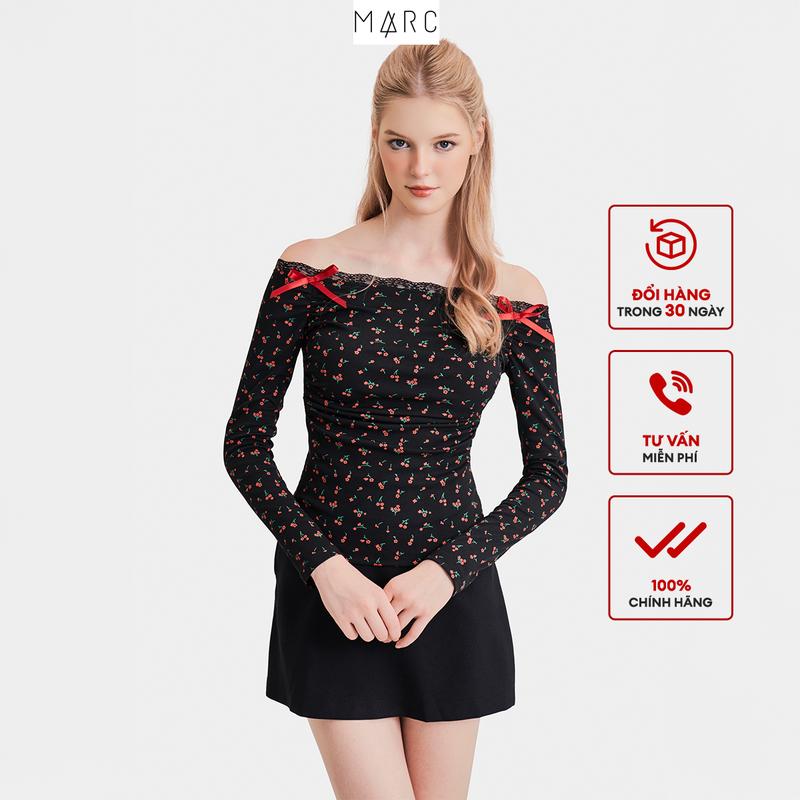 MARC FASHION -  Áo thun hoa trễ vai tay dài viền ren đính nơ CBQT030725