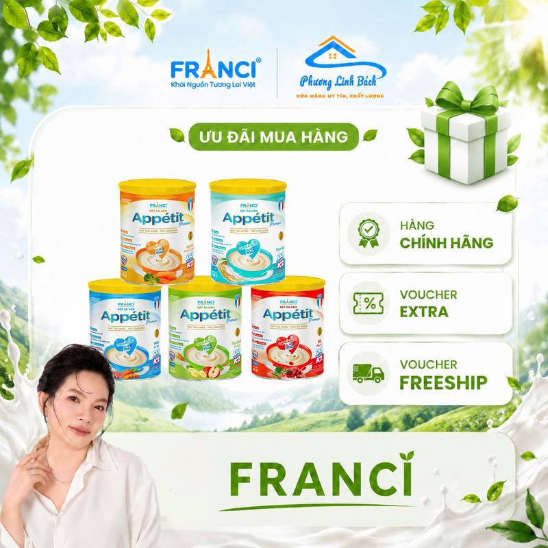 Bột Ăn Dặm Appetit Premium Hương Vị Đủ Loại Vị Táo Chuối Yến Mạch - Vị Gạo Sữa - Vị Heo Cà Rốt - Vị Cá Hồi Bông Cải Xanh - Vị Bò Rau Củ 300gr (24 lon/thùng) Franci