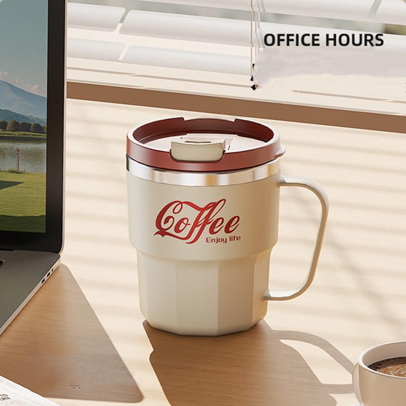 Product Introduction of 400 modern stainless steel coffee tumblers. With lid, creative design, perfect for office and home, perfect for bubble tea and breakfast with handles. 6