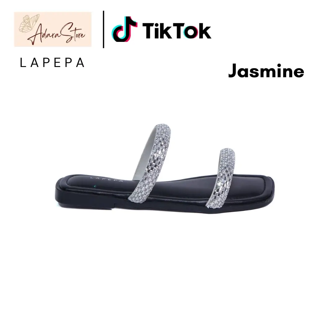 Lapepa JASMINE Sandal Kasual Wanita Teplek Mewah Motif Blink Bling Sendal Slop Cewek Flat Tatakan Empuk Elegan Tanpa Hak Size 36-40 (Black/Silver/Rose Gold)