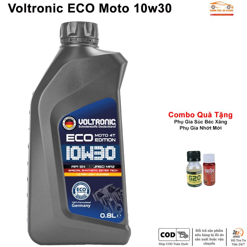  Dầu Nhớt Xe Máy Voltronic ECO Moto 10W30 - Tặng Kèm 1 Súc Béc Xăng G20 Và 1 Phụ Gia Nhớt Mới Xado Veryturbo  CHAI NHỰA  