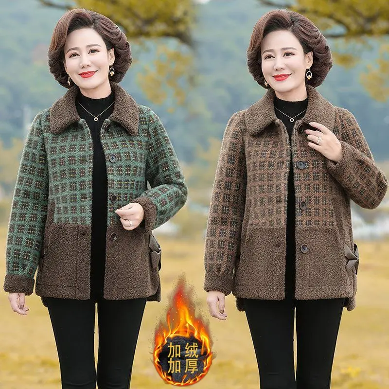 Áo Khoác Len, Áo Khoác Len Dày Lót Lông Cừu, Áo Độn Bông, Áo Cashmere, Thích Hợp Cho Quần Áo Mùa Thu Và Mùa Đông Của Phụ Nữ Trung Người Già Và Cao Tuổi, [Thị Trấn Văn Học]