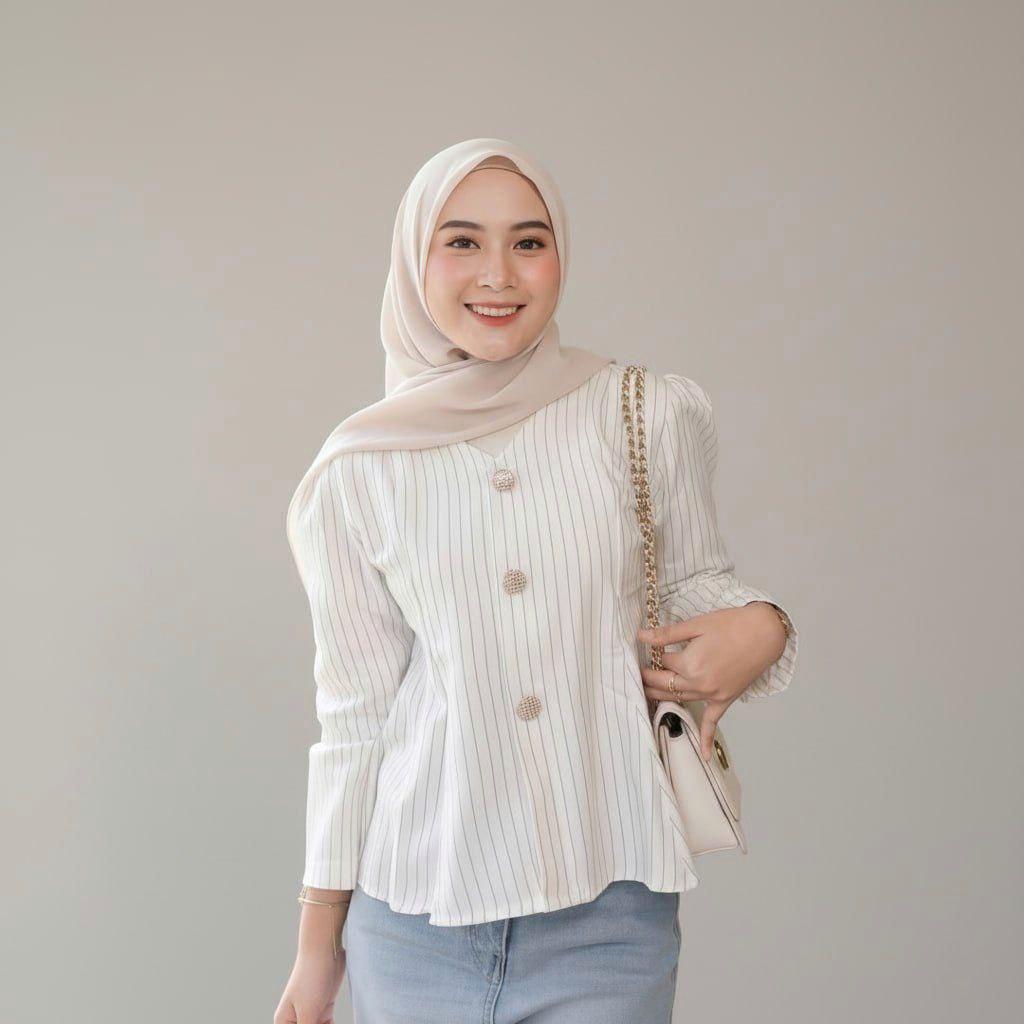 ALYA - Arika Blouse Stripe Atasan Peplum Wanita Salur Lengan Puff Fit Body Fitted - Blouse Atasan Wanita