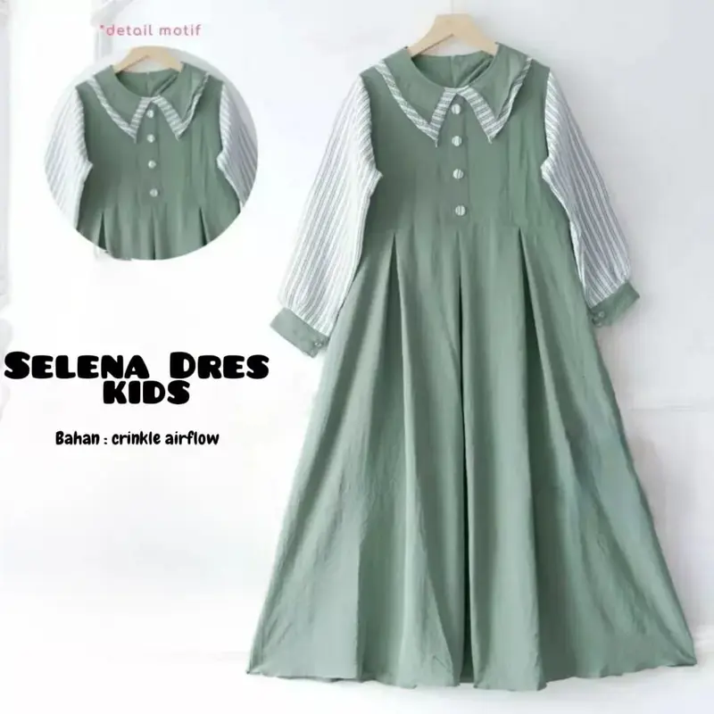 Selena Dress Kids - Baju Muslim Remaja Crinkle Airflow Premium Gamis Anak 8-17 Tahun - Tanggung, Nyaman Lebaran Syari 0