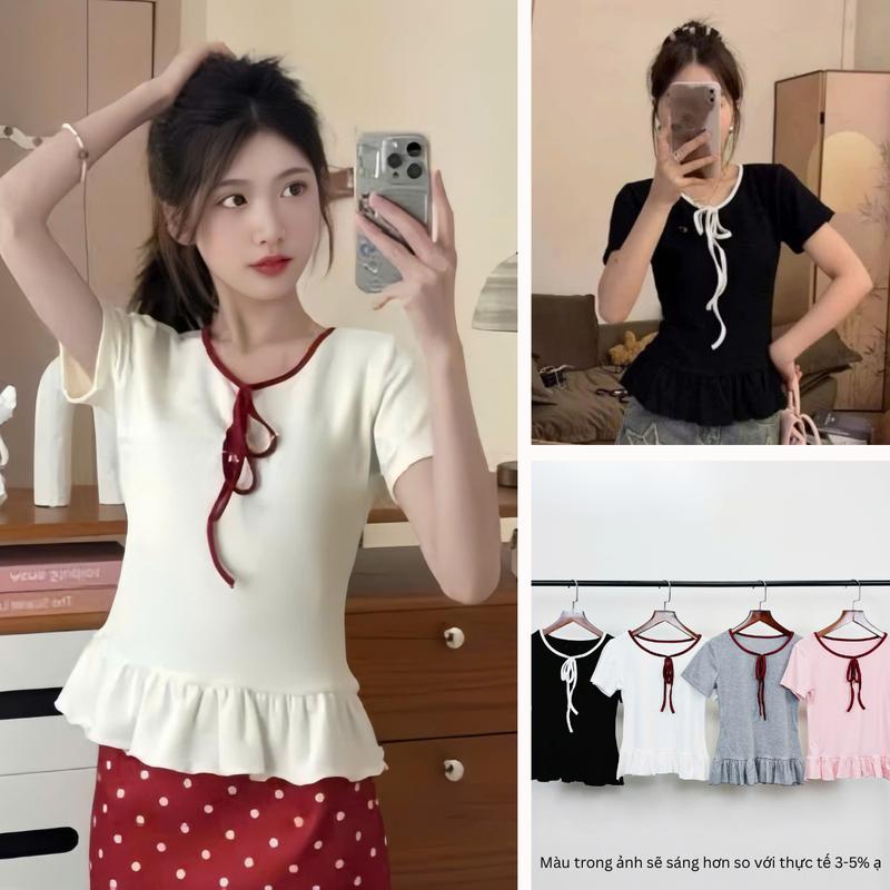    DEAL HỜI   Áo Thun Nữ Cộc Tay Phối Viền Bèo Chất Liệu Cotton Zip Ôm Body Bigsize Sora  Áo Kiểu Nữ Cổ Tròn Viền Đỏ Cột Nơ XInh Xắn 221 