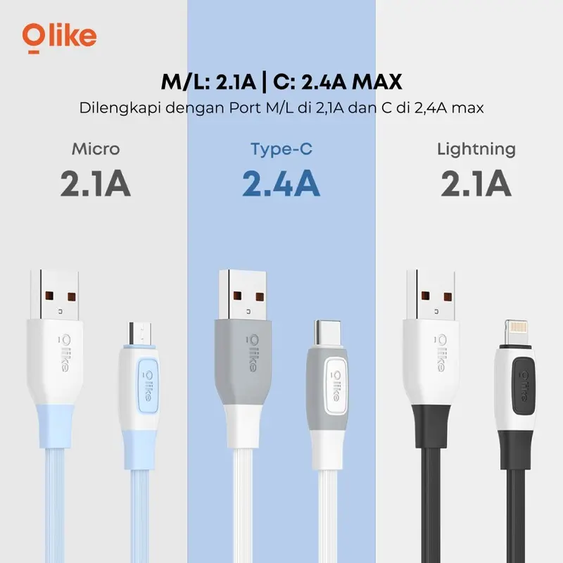 Olike D307 Kabel Data Fast Charging 2.4A Flat Cable Micro USB / Type-C / Lightning 3