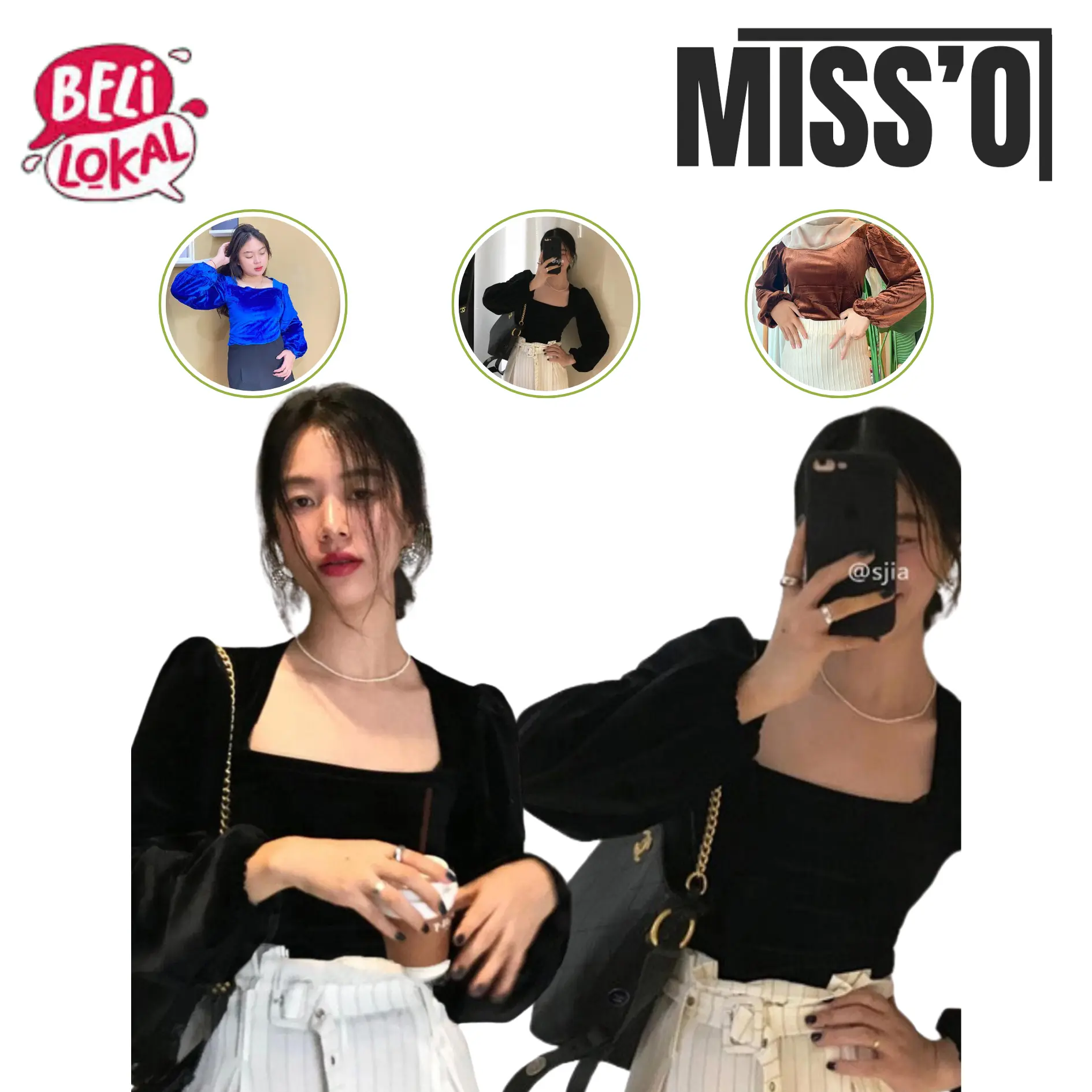 Misso Kode BJ1007 Baju Atasan Wanita Blouse Top Sabrina Hitam Crop Top Elegan Fashion Korean Style Lengan Panjang Retro Pendek Kain Linen