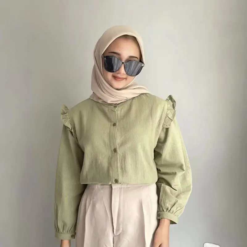 Yurim Blouse Ruffle - Atasan Wanita - Kemeja Linen Basic Lengan Panjang/blouse kemeja linen lengan Balon 2
