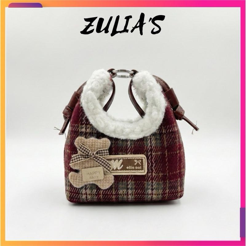 Zulia's Túi Xách Nữ Mini Kẻ Dạ Phối Viên Lông Túi Đeo Chéo Dễ Phối Đồ Mùa Đông Thiết Kế Sang Trọng