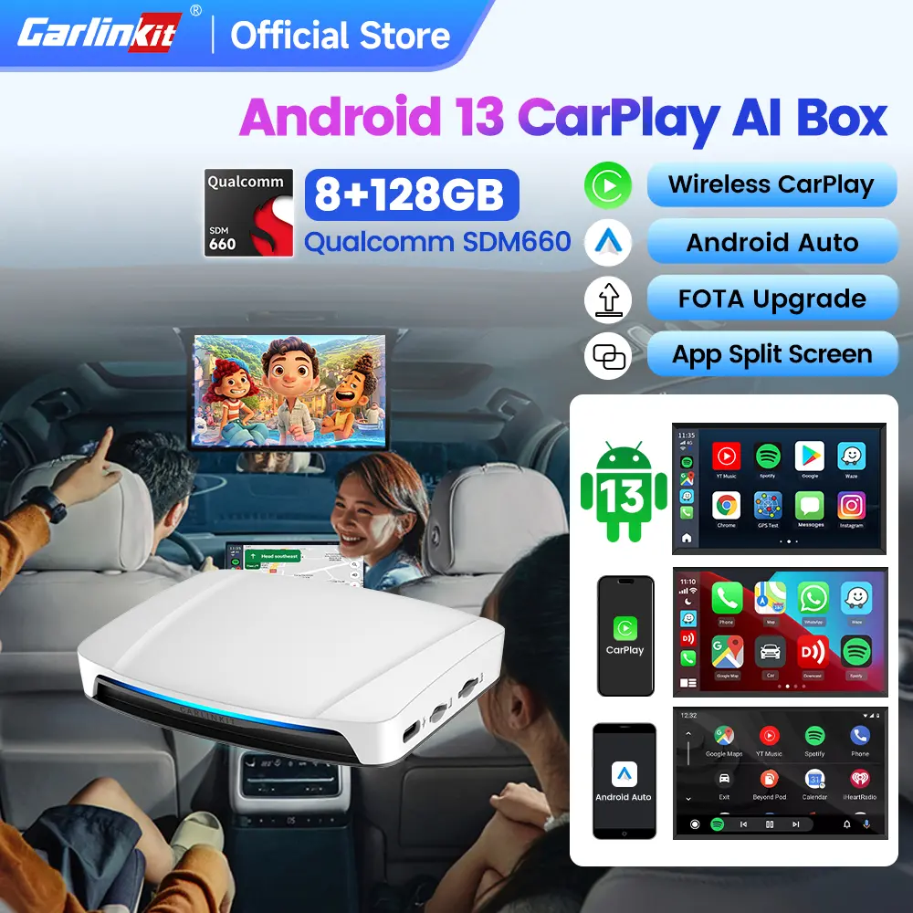 CarlinKit Android 13 CarPlay Ai Box UHD Support Car Roof/Rear/Second Screen To Project HDMI output SDM660 8-Core 8+128GB Wireless CarPlay Android Auto