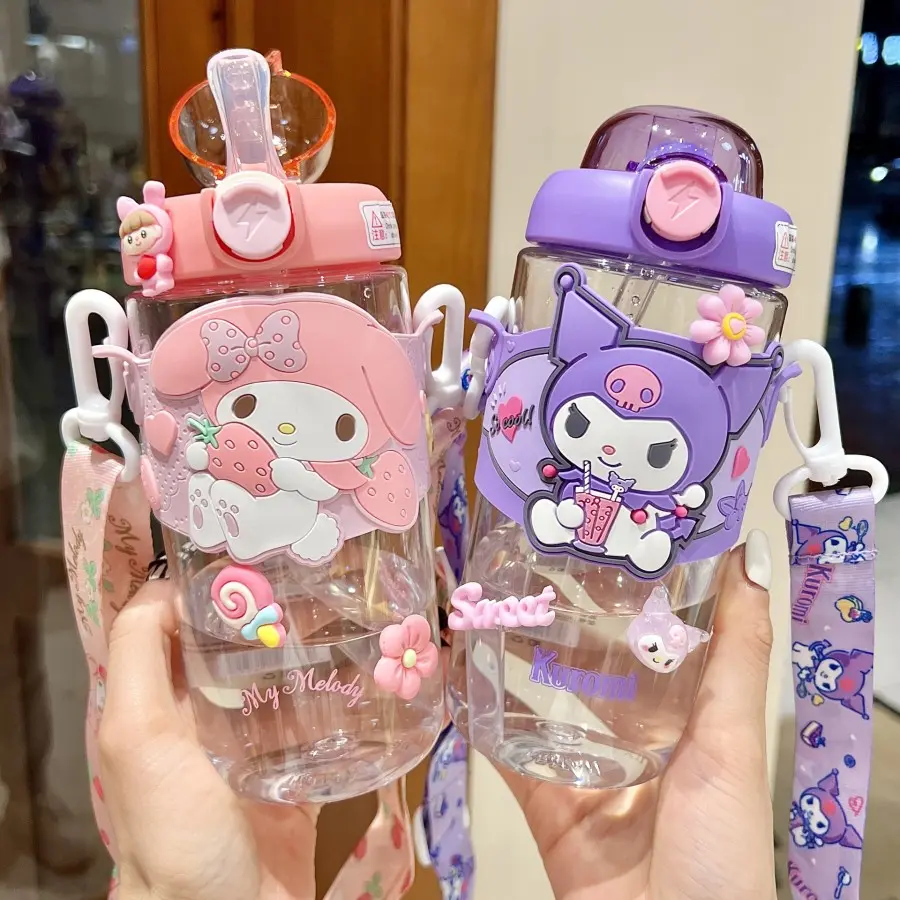 Botol Minum Anak Karakter Lucu Kapasitas 650ml FREE STIKER 2D & 3D Pink Plastik KORUMI KUROMI MELODY SANRIO Putih Sedotan Silicon Tali Ungu Bottles Kitchenware Water
