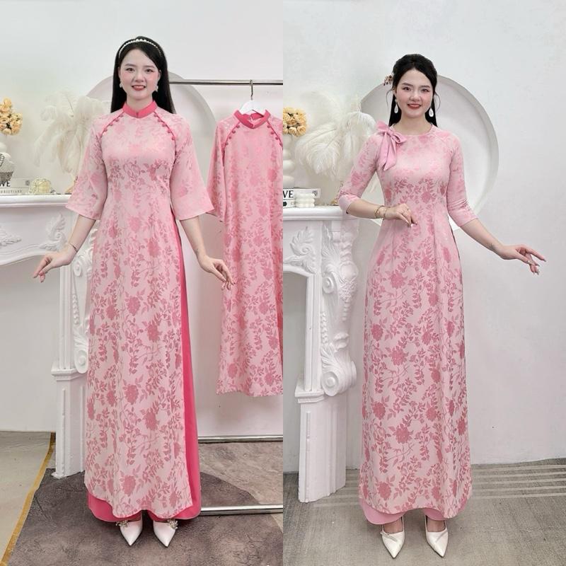 Áo dài gấm Hồng phấn đính nơ cổ tròn tay lỡ phom ôm dáng dài truyền thống