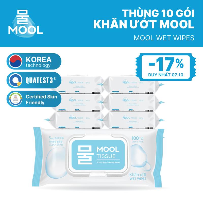 Thùng 10 gói Khăn Ướt MOOL 100 tờ siêu tiết kiệm và tiện lợi
