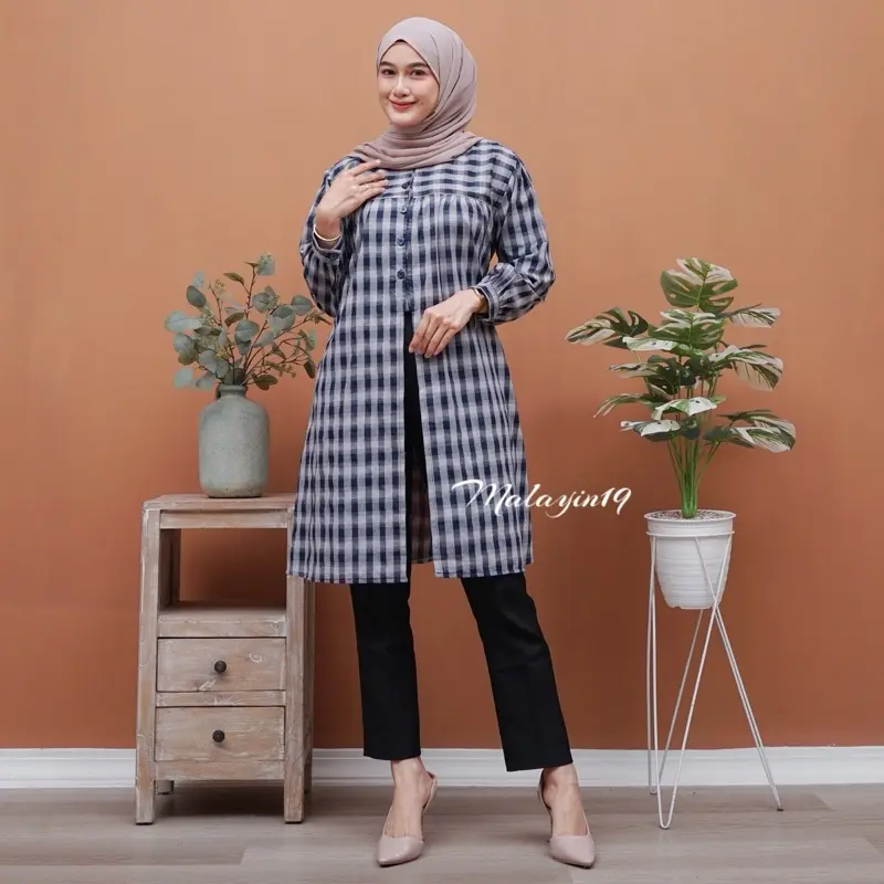 Malayin19 Jasmine Haruka Tunik Wanita Kekinian Baju atasan Panjang  Kancing dewasa Muslim Motif Kotak