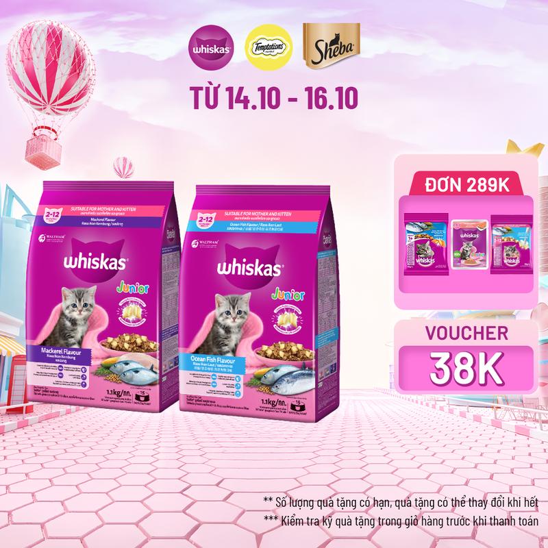 Bộ 2 túi thức ăn WHISKAS  cho mèo con dạng hạt 1.1kg (2 túi)