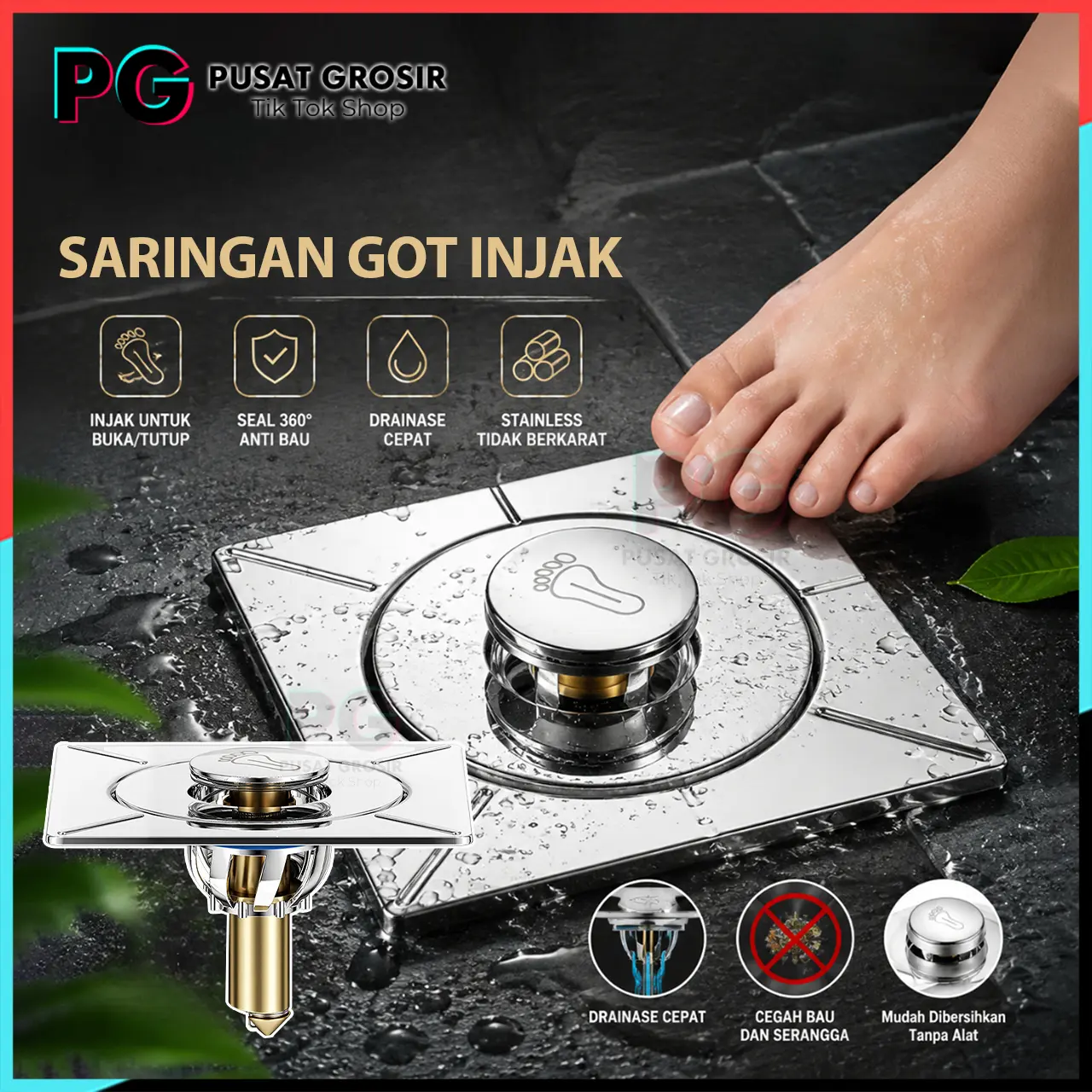 Saringan Got Injak Pop Up Stainless Steel Floor Drain Tutup lubang Saluran Air Anti Bau
