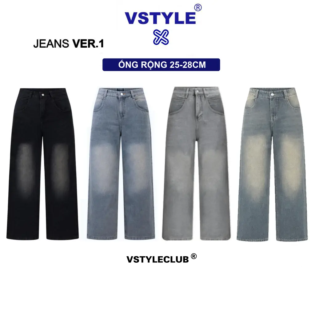VSTYLE - Quần Jeans Suông Ống Rộng Wash Cạp Cao ,Form Rộng ,Quần Bò Ống Rộng Suông Lưng Cao , Form Unisex Nam Nữ