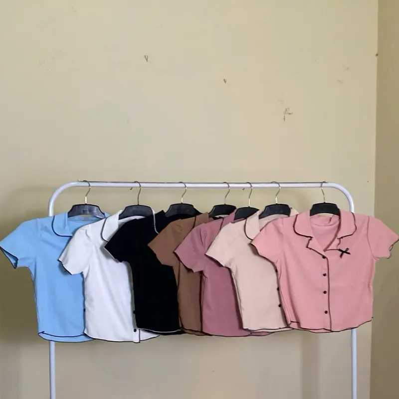 Couquete Lux collar top kancing mati super lembut pita Tebal Casual Atasan Crop Nyaman Wanita Rib Unik Kerah Panjang Garis Kotak Tangan curly top