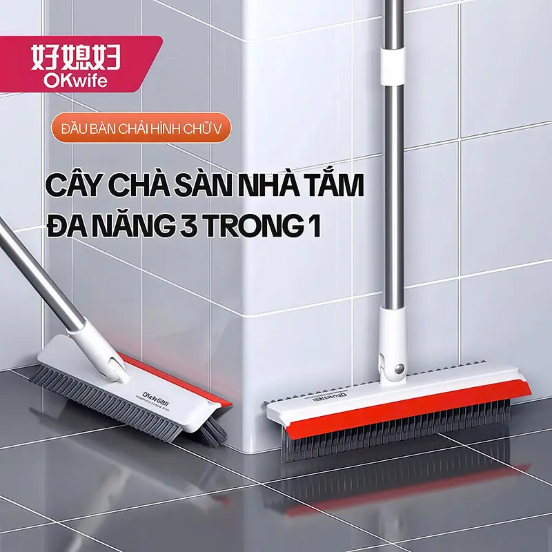 Cây Chà Sàn Nhà Tắm OKwife AGW-3458, Chổi Cọ Sàn Và Gạt Nước Đa Năng 3 Trong 1, Cán Dài 123CM