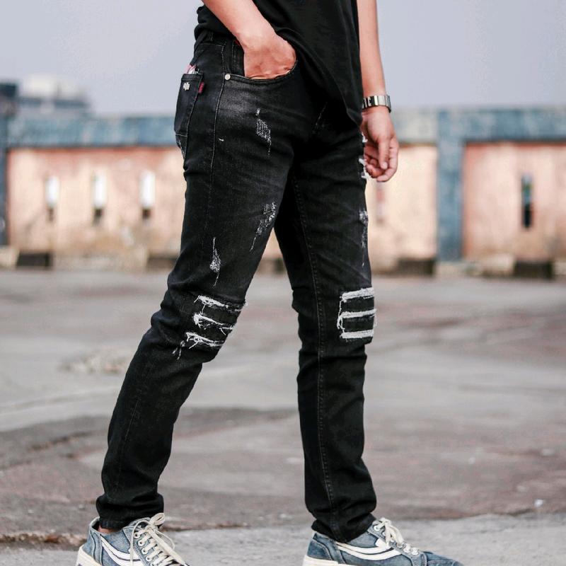 Celana jeans sobek pria black Panther XO21 / celana jeans panjang pria sobek Denim Slim Ripped Hitam Nyaman Slimfit Skinny Stretch Melar 6