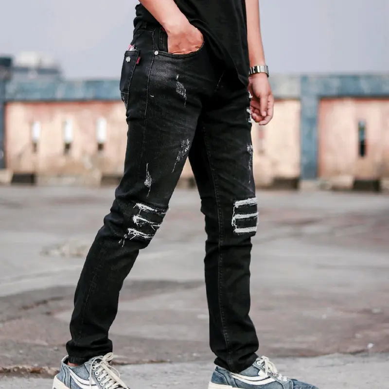 Celana jeans sobek pria black Panther XO21 / celana jeans panjang pria sobek Denim Slim Ripped Hitam Nyaman Slimfit Skinny Stretch Melar 5